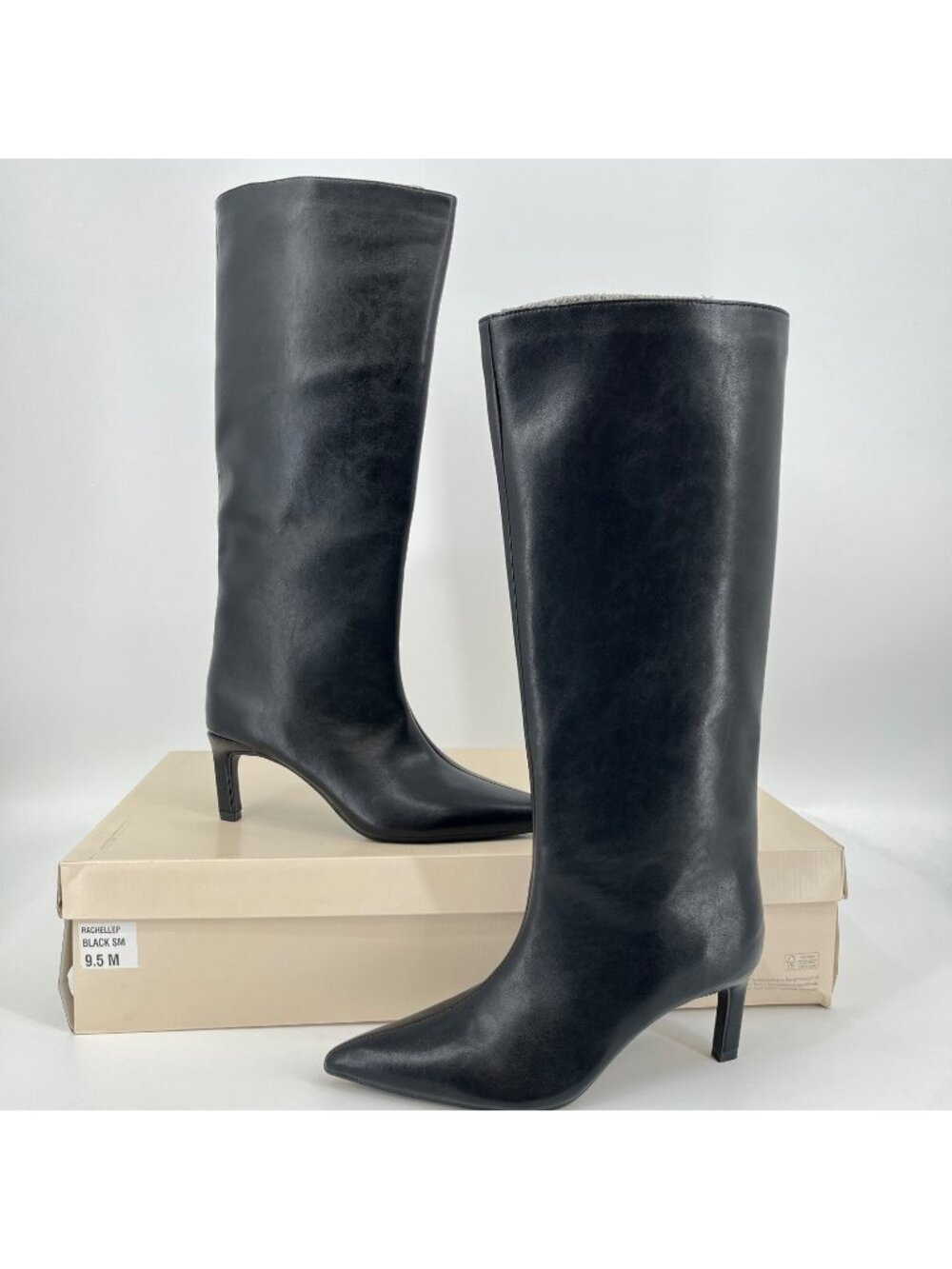 On 34th Rachelle Stovepipe Boot Black 9.5M Faux Leather Pointed Toe Kitten Heel
